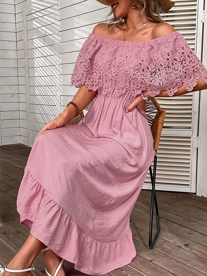 Women'S Casual Solid Color Splicing Lace Ruffle Dress