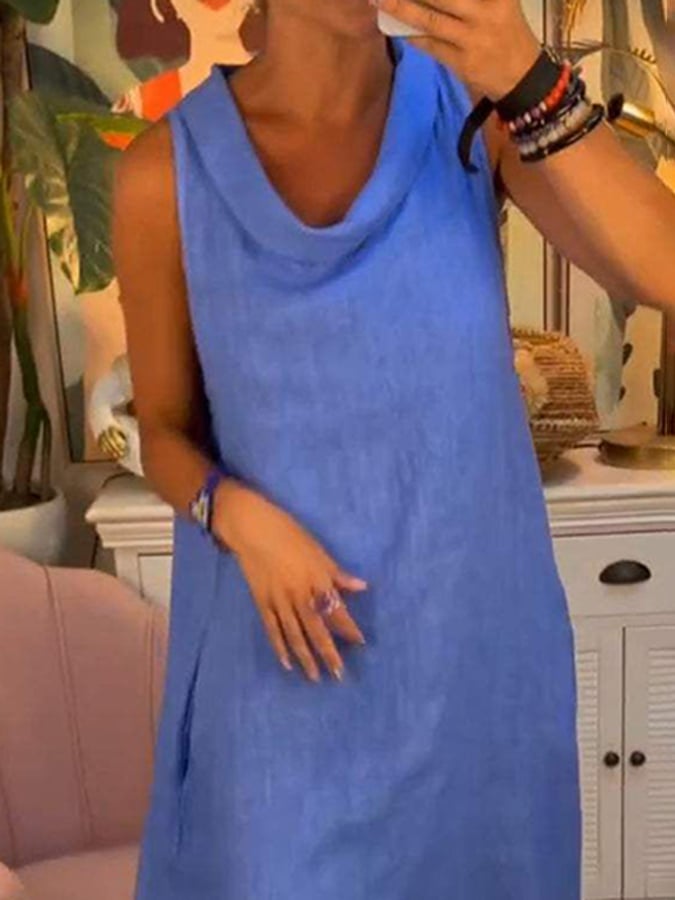 Women'S Scarf Collar Loose Cotton And Linen Dress