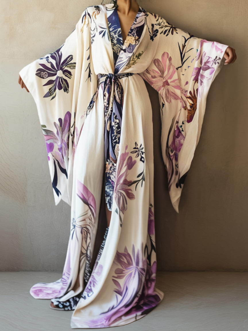 Women's Purple Iris Kimono Linen Robe (Including Belt)