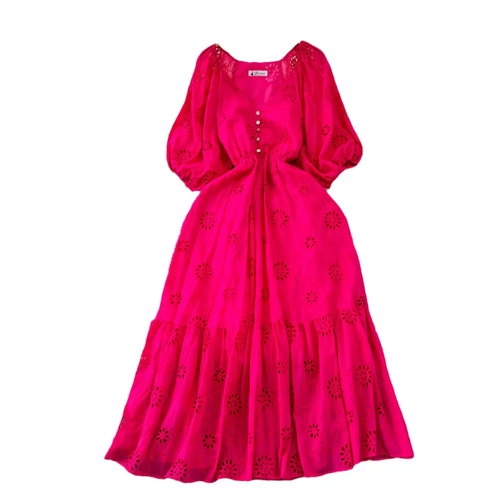 Short-Sleeved V-Neck Waist Slim A-Line Hollow Embroidered Dress