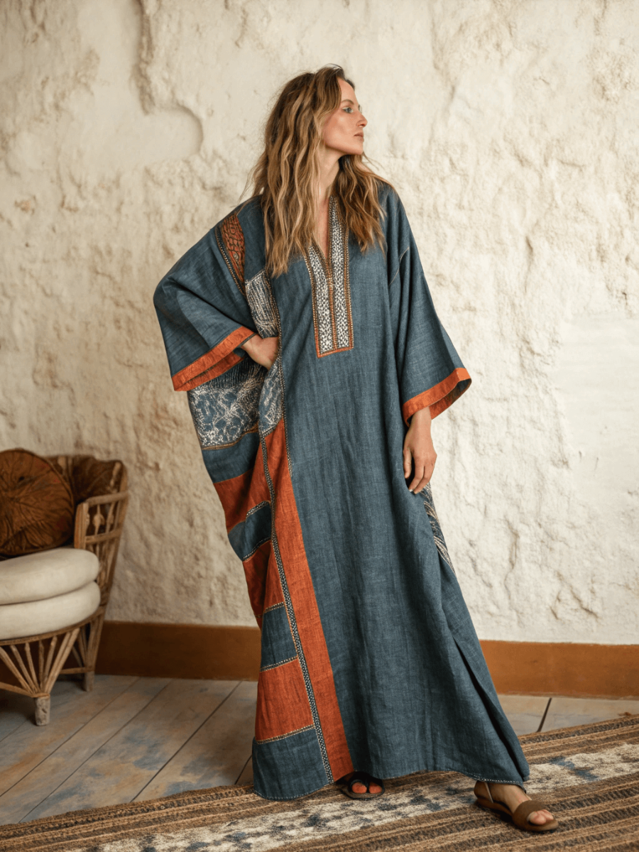 Linen Printed Kaftan Maxi Dress