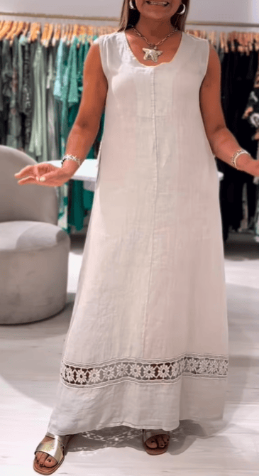 Women's Casual Solid Color Round Neck Sleeveless Lace Splicing Cotton and Linen Dress