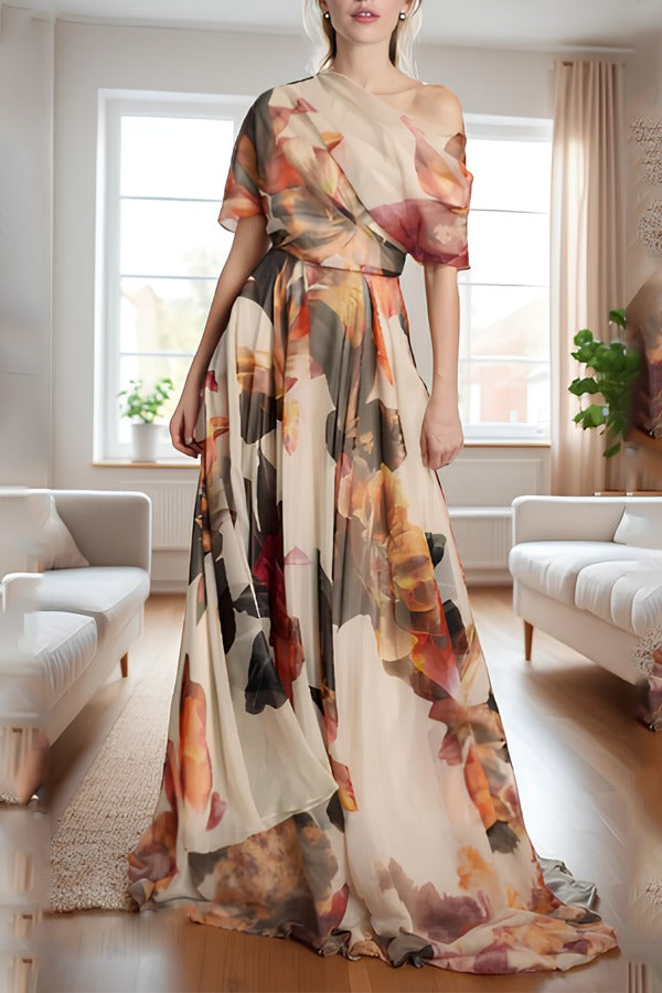 Asymmetrical Print Chiffon Long Dresses Summer