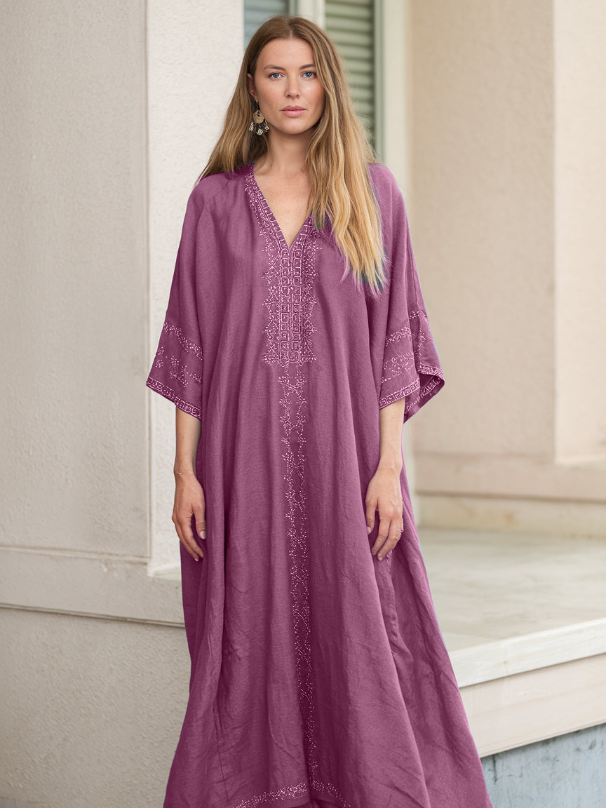 Contton & Linen Long Sleeve Kaftan Maxi Dress