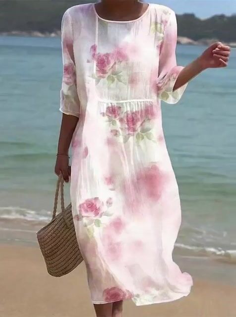 Women's Casual Round Neck Mid Sleeve Print Cotton and Linen Dress