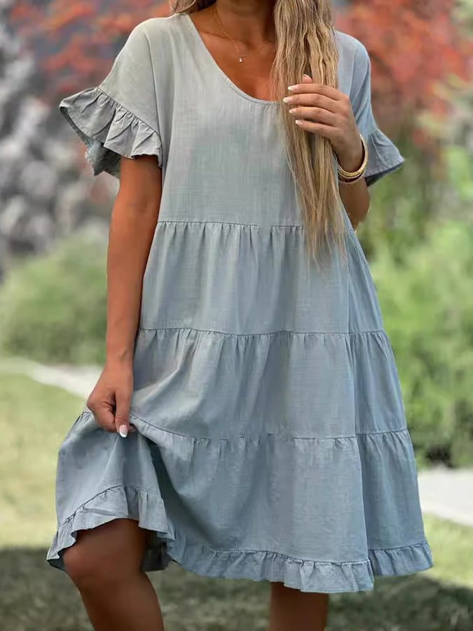 Women's Round Neck Solid Color Large Hem Casual Ruffle Sleeve Cotton And Linen Dress