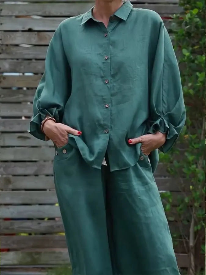 Women'S Casual Lapel Solid Color Cotton And Linen Two-Piece Set