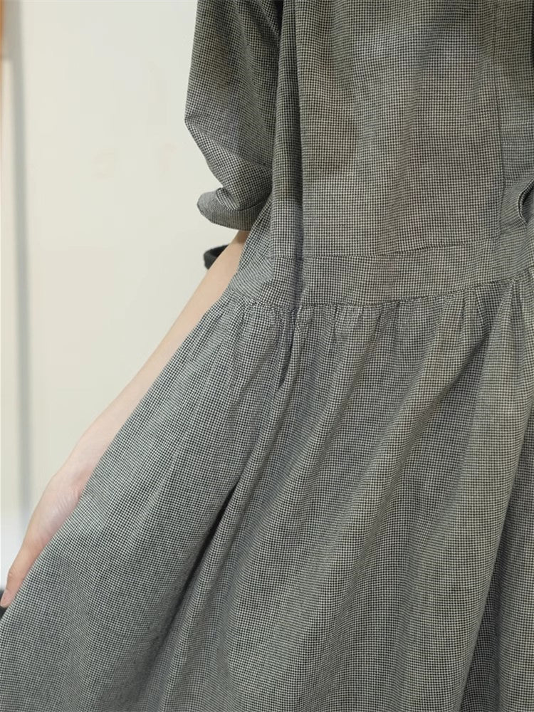 Vintage Check Pleated Linen Blend Midi Dress