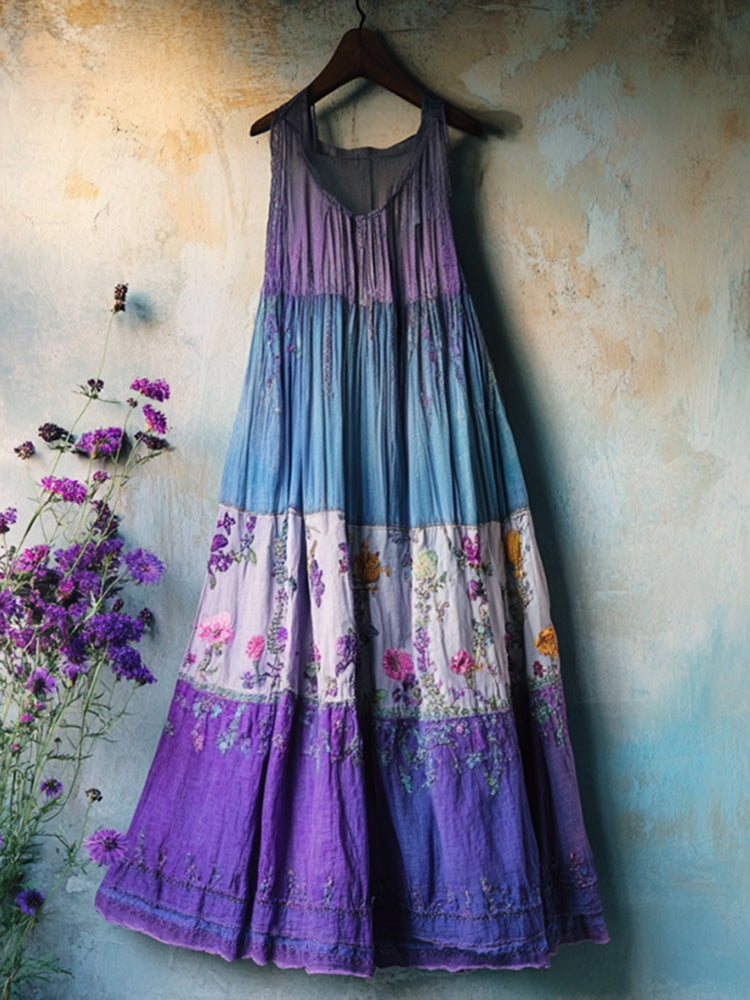 Vintage Bohemian Lavender Embroidery Patchwork Art Sleeveless Cozy Linen Maxi Dress