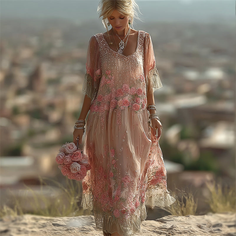 Vintage Pink Roses Glitter Embroidered Flowy Maxi Dress