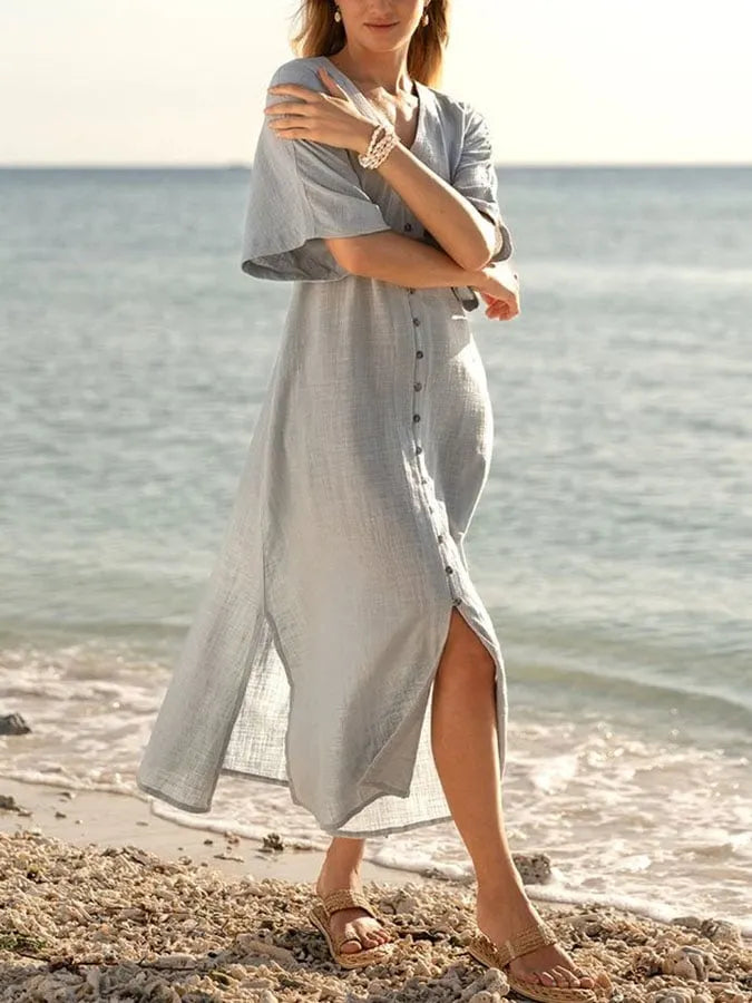 Women's Casual Solid Color V-Neck Mid Sleeve Cotton and Linen Button Dress