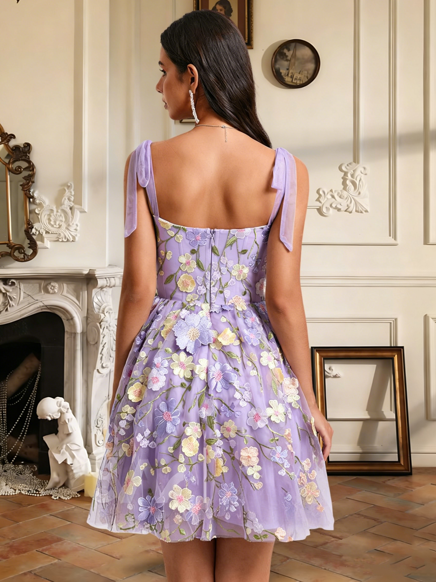 Floral Embroidered Tulle Homecoming Dress with Bow Straps