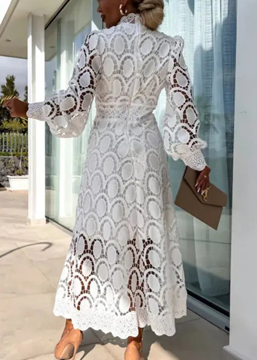 Stand-collar long-sleeve openwork lace maxi dress