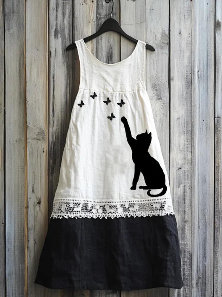 Vintage Abstract Creative Cute Black Cat Play With Butterfly Art Linen Tank Dress