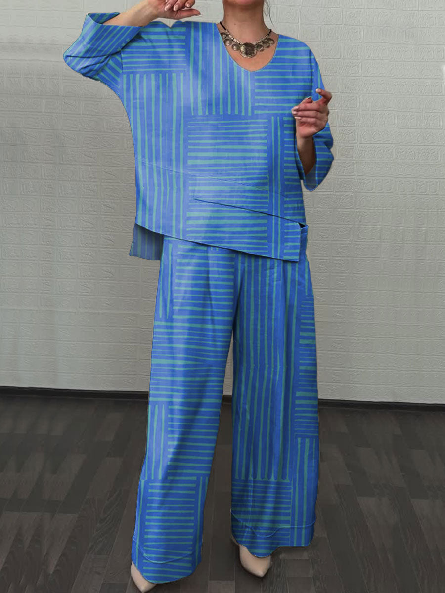 Women's Blue Stripes Art Print Two-piece Sets