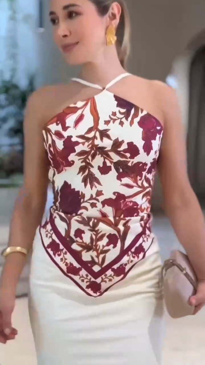 Floral Print Halter Neck Mermaid Maxi Dress