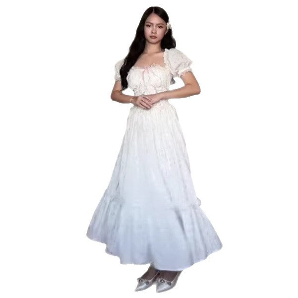 New Summer Slimming Fashion Tea Party Lace Square Neck Elegant Puff Sleeve Dress for Women