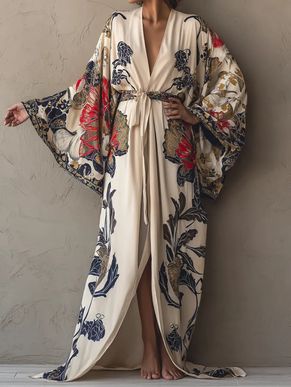 Women's Blue Floral Kimono Linen Robe (Including Belt)