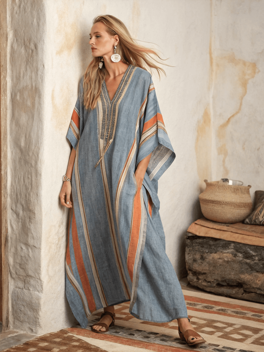Linen Printed Kaftan Maxi Dress