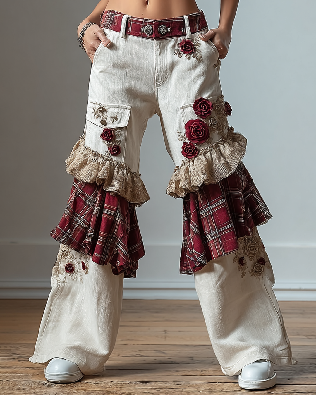 Women's Spring Floral Embroidered Plaid Patchwork Design Trousers 2264