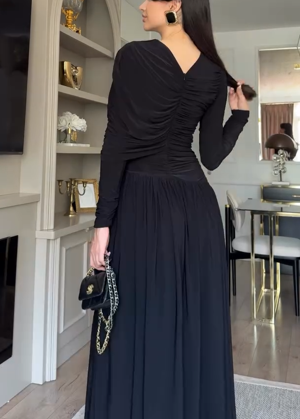 Asymmetrical Draped Shoulder Ruched Waist Maxi Dress