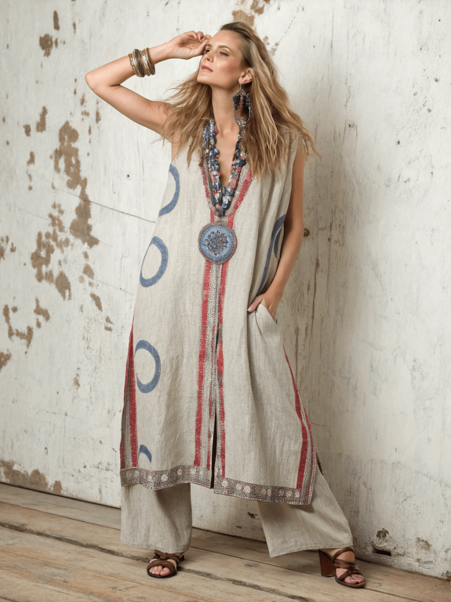 Women's cotton and linen long vest suit