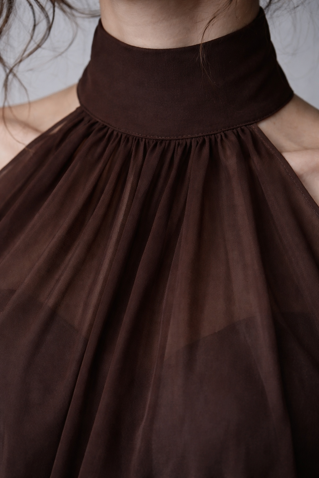 Chocolate Pleated Halter Crop Top with Flowing Lantern Sleeves