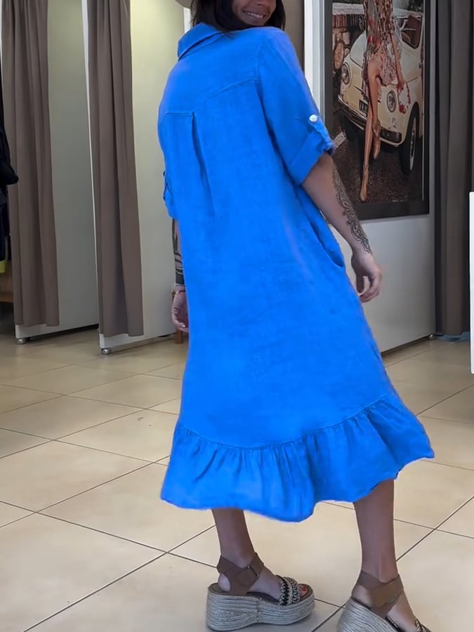 Women'S Casual Lapel Single-Breasted Loose Cotton And Linen Dress