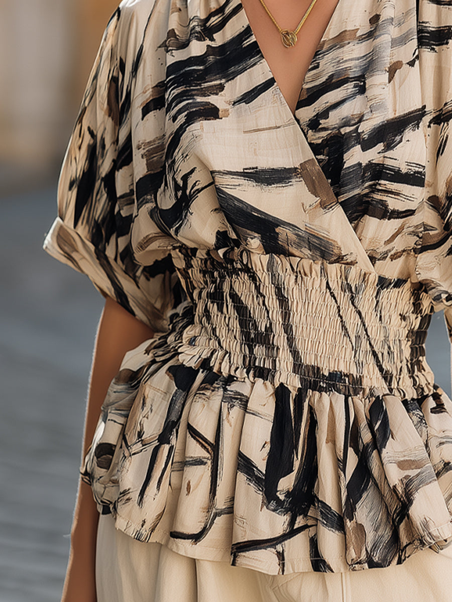 Abstract Brushstroke Printed Peplum Top