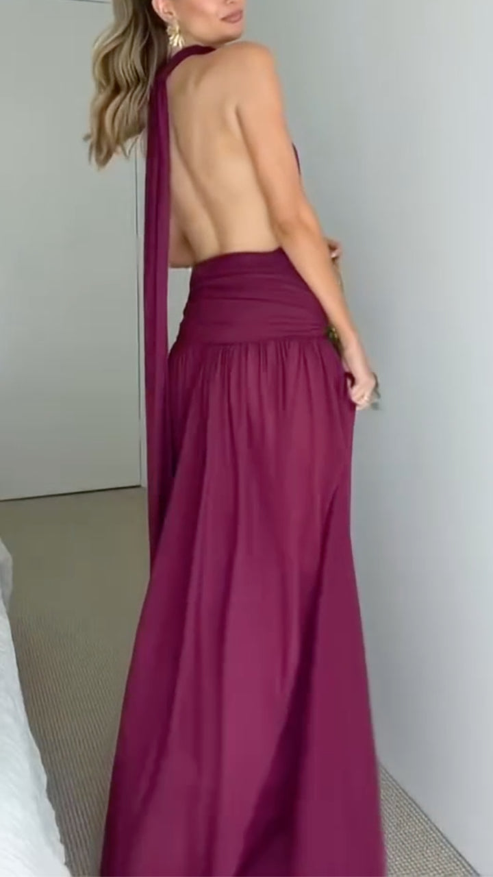 Elegant Halter Neck Pleated Waist Backless Maxi Dress