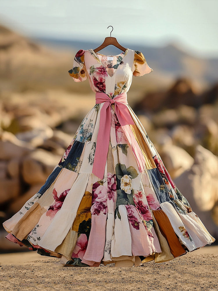 Vintage Floral Patchwork Art Pattern Art V-neck Midi Dress