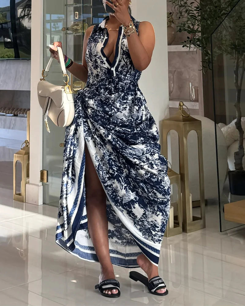 Vintage Ink Print Turn-down Collar Sleeveless Button Front Maxi Dress Casual Zipper Back Tie Waist Side High Slit Vacation Dress with Belt