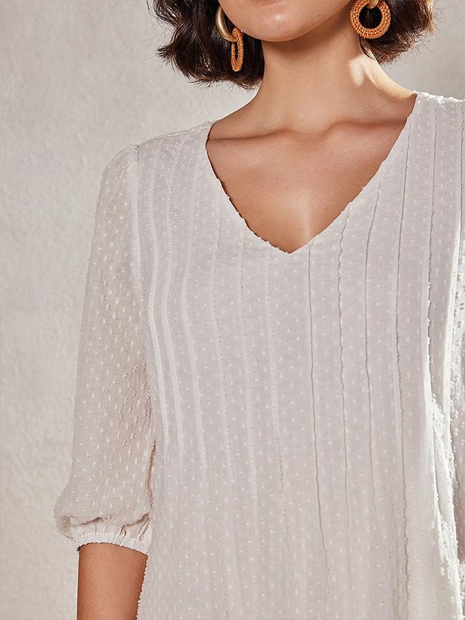Women's Casual V-neck Solid Color Mid-length Sleeve Pleated Lace Splicing Dress