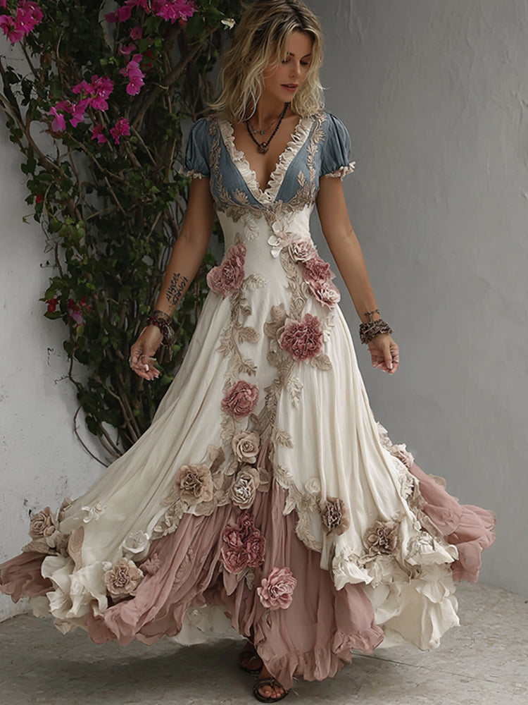 Women's Romantic Rose Embroidery Art Patchwork Flowing Linen Blend Maxi Dress