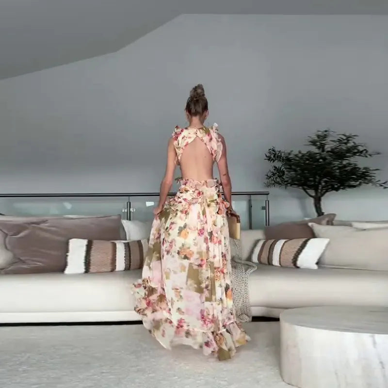Chiffon floral pleated deep V backless long dress