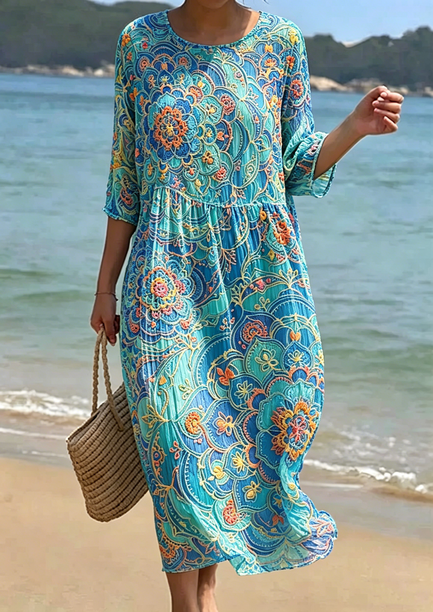 Women's Floral Embroidered Smocked Waist Midi Dress