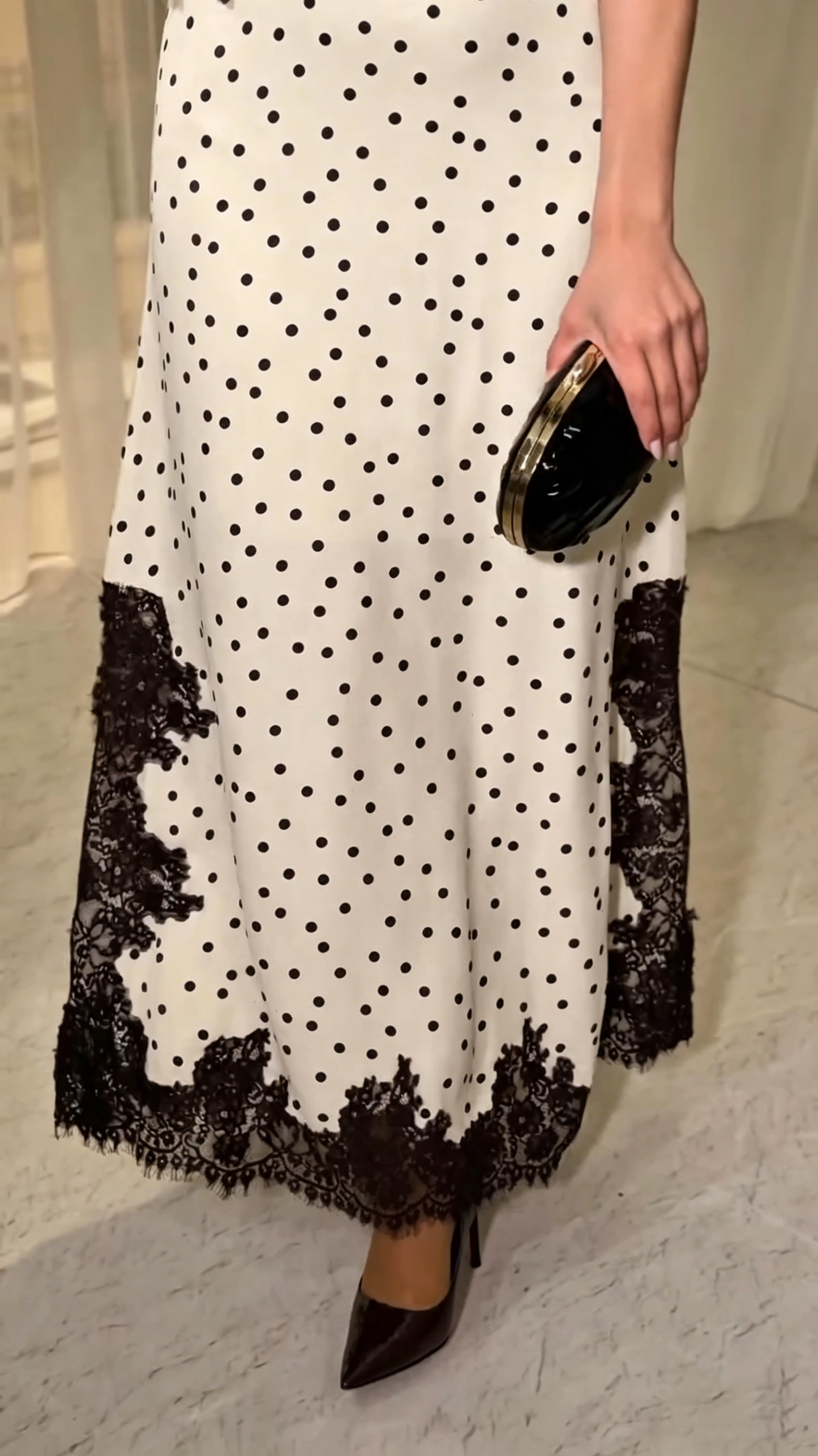 Cream Polka Dot Maxi Dress with Black Lace Trim