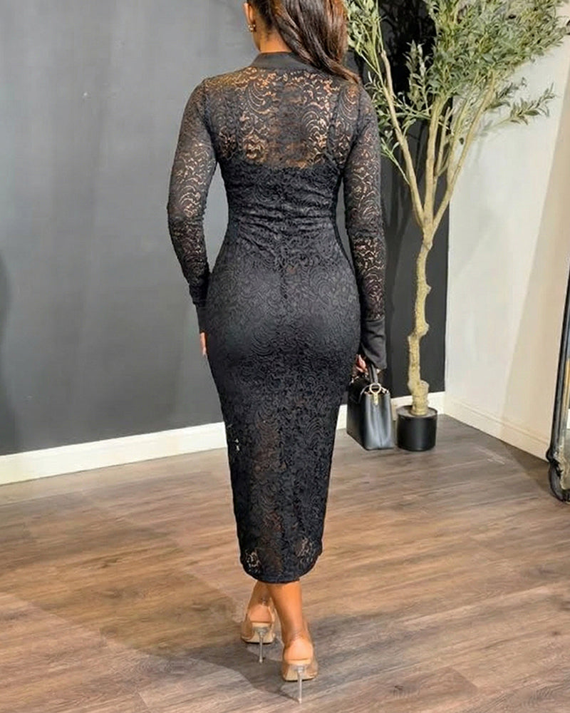 Women's Stand Collar Floral Lace Mid-length Dress