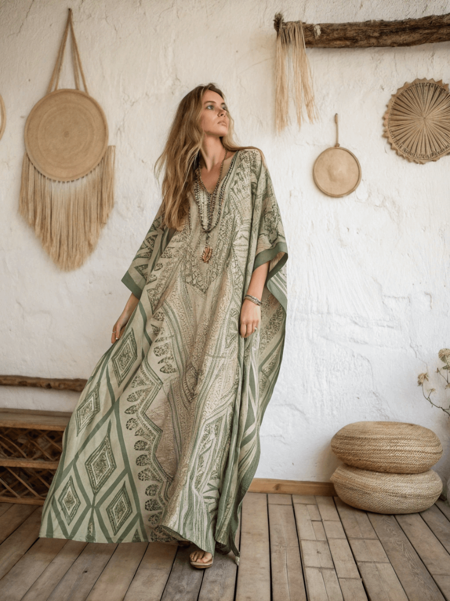 Linen Printed Kaftan Maxi Dress