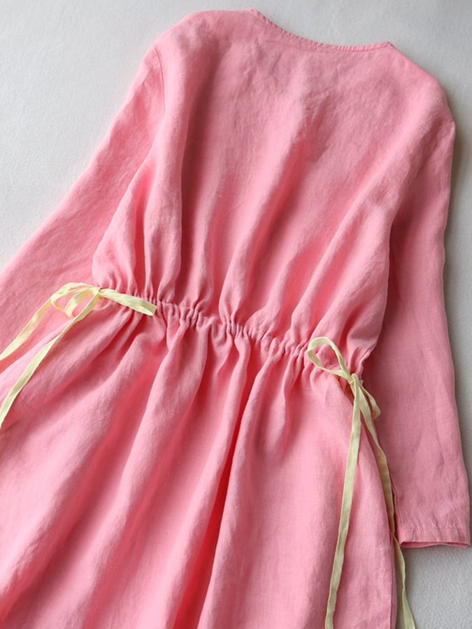Cotton And Linen V-neck Diagonal Neckline Drawstring Open Button Dress