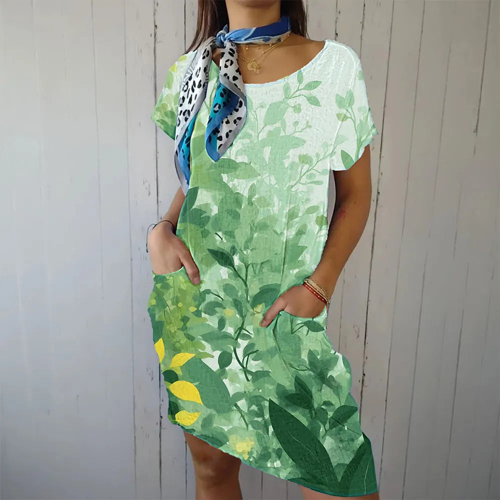 Women's Vintage Green Gradient Floral Pattern Cotton and Linen Round Neck Dress