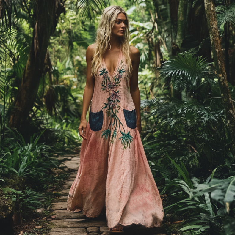 Bohemian Floral Embroidery Sleeveless Cozy Linen Maxi Dress