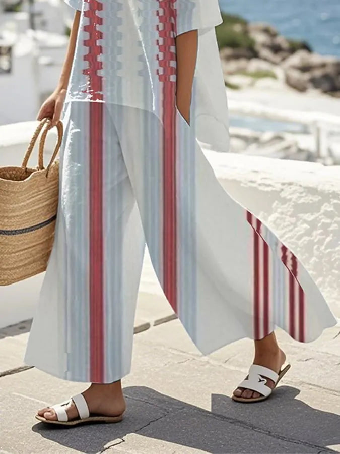 Women's Loose Round Neck Striped Contrast Color Pants Set