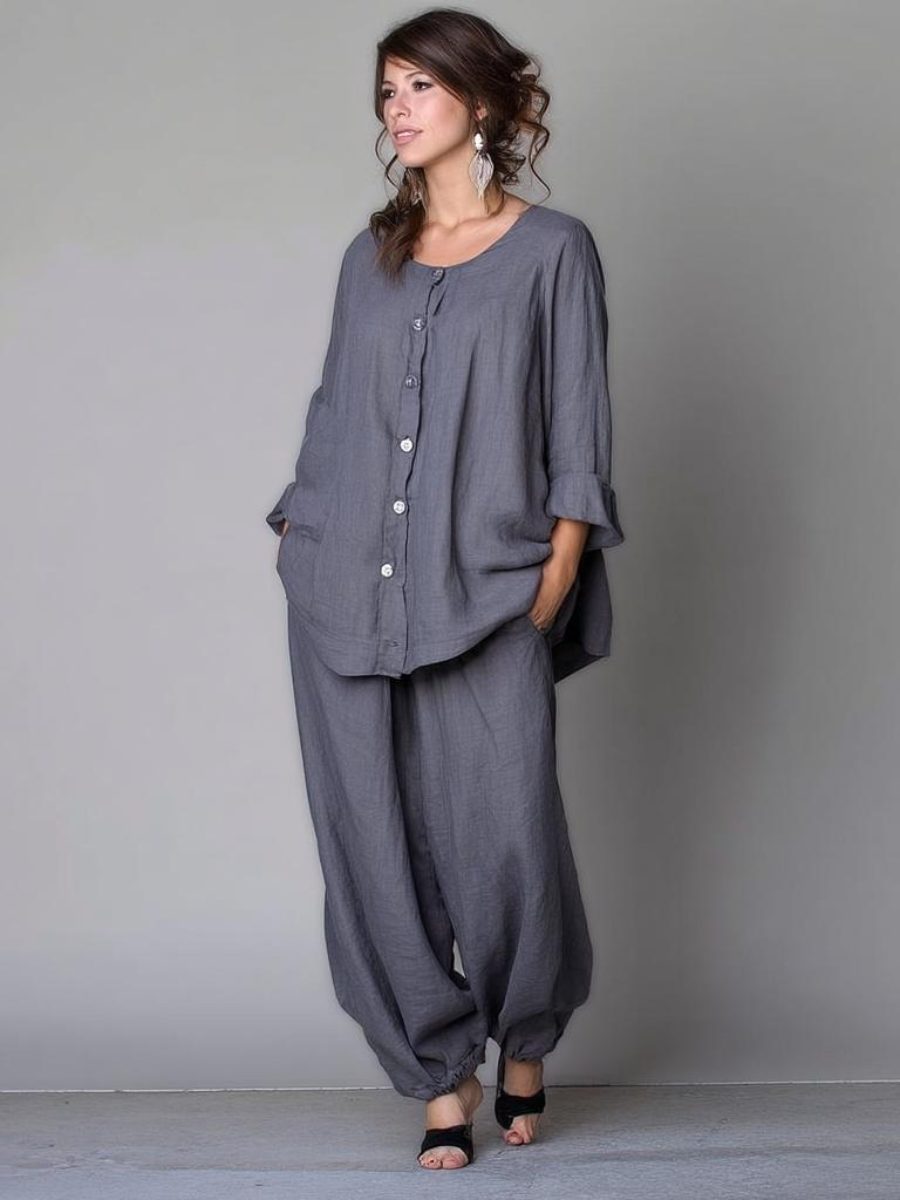 Women's cotton and linen round neck long sleeve suit