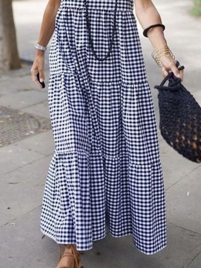 Women's Casual V-Neck Sleeveless Plaid Print Contrast Color Dress