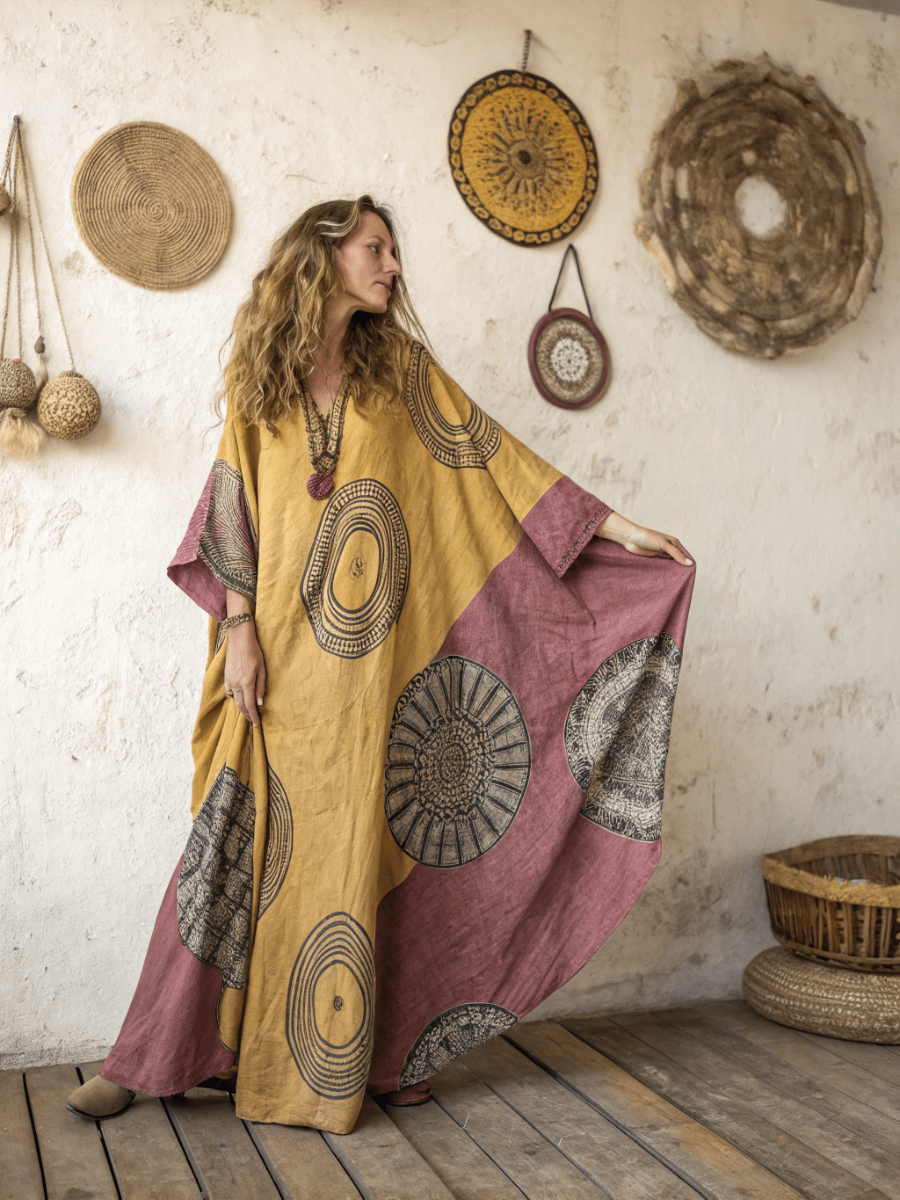 Linen Printed Kaftan Maxi Dress