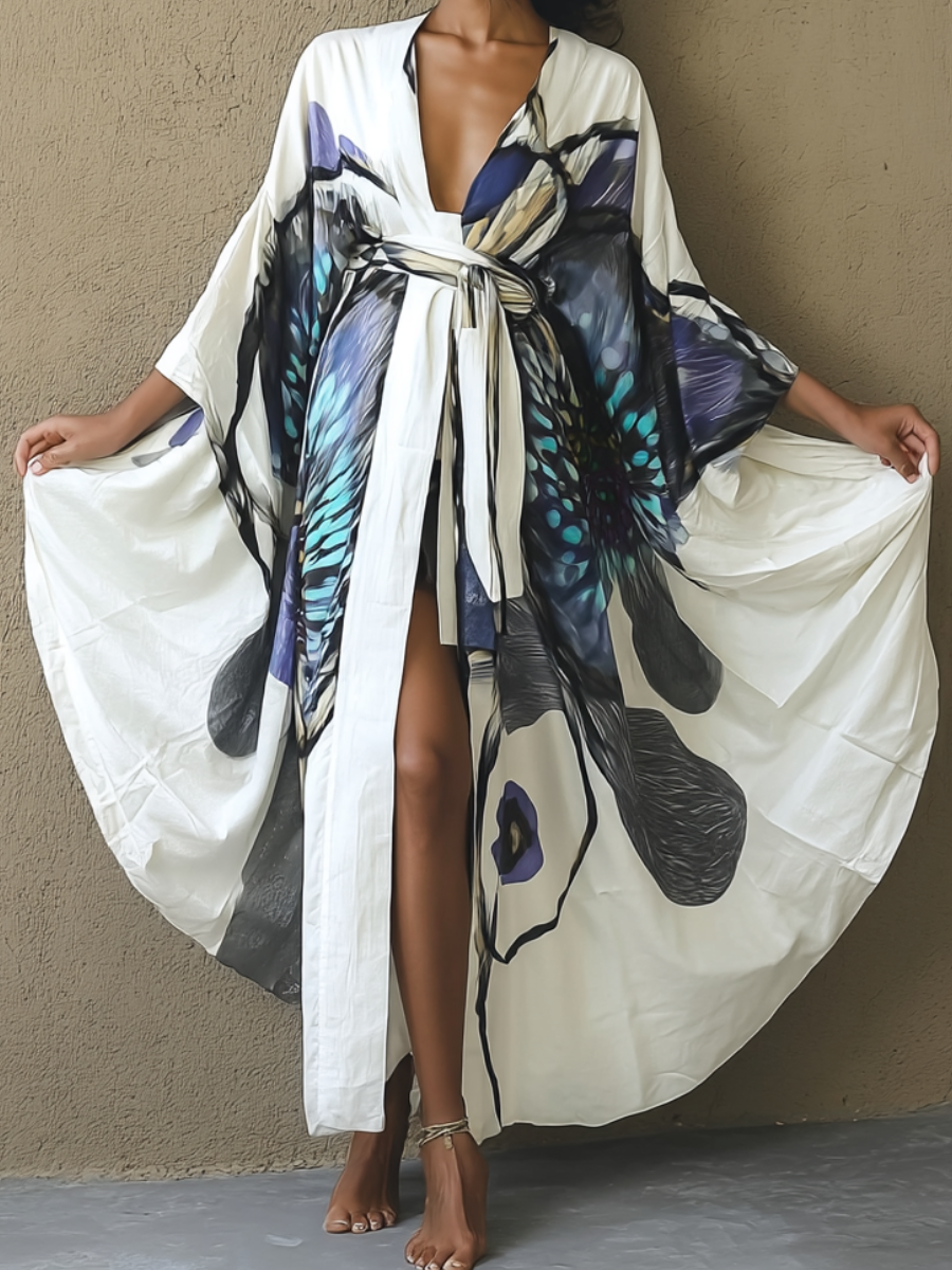 Women's Blue Floral Kimono Linen Robe (Including Belt)