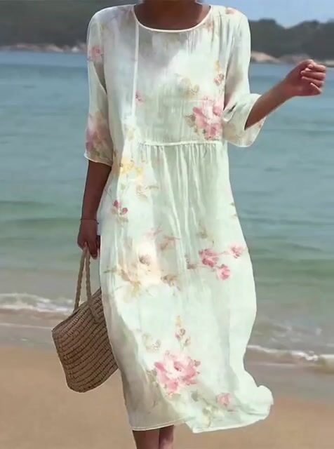 Women's Casual Round Neck Mid Sleeve Print Cotton and Linen Dress