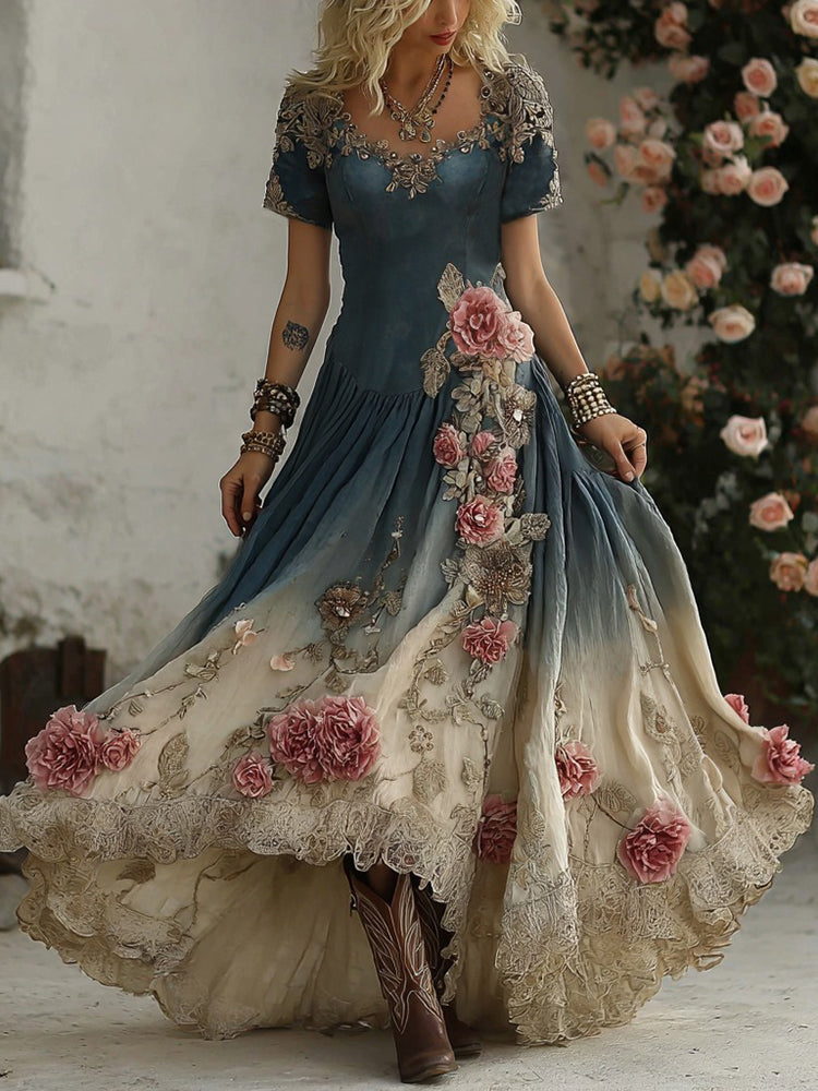 Women's Bohemian Pink Rose Patchwork Art Short Sleeve Maxi Dress