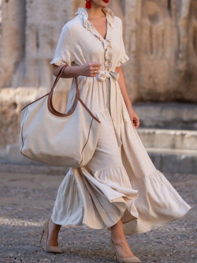 Women's Casual Solid Color Tie-Strap Lotus Leaf Century Shirt Dress